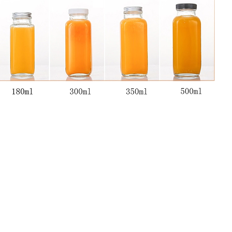 Cold Pressed Juice 250ml 300ml 500ml 16oz Clear French Square Milk Beverage Glass Bottles with Plastic Screw Cap